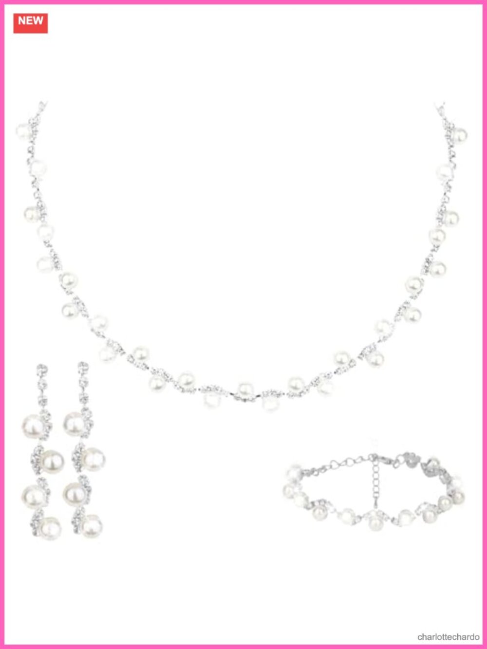 Crystal Pearl Bridal Jewelry Set Necklace Bracelet Earrings Wedding Prom